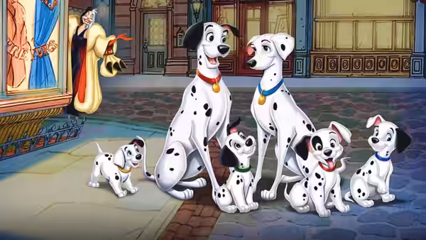 Pongo and Perdita stand with puppies as Cruella De Vil looks on