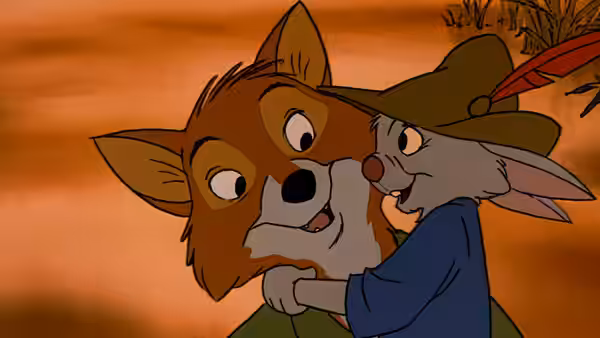 A fox and a rabbit hug tightly with wide surprised eyes