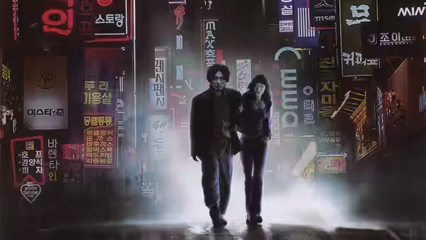 Oh Dae-su (Choi Min-sik) and Mi-do (Kang Hye-jung) walking hand in hand through a neon-lit street