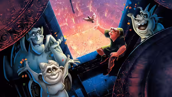 Quasimodo sits on a ledge with three gargoyles overlooking a burning city