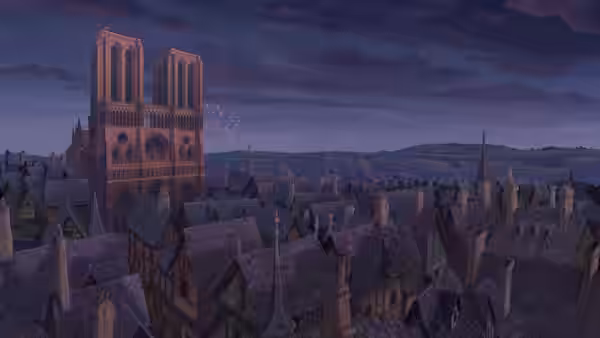 Notre Dame cathedral rises above crowded medieval rooftops under a purple evening sky