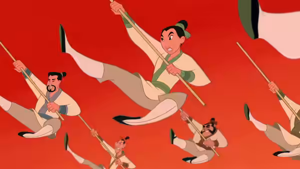 Several men in tunics leaping through the air holding wooden staffs