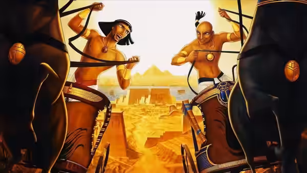 Two men driving a chariot across the Egyptian sands