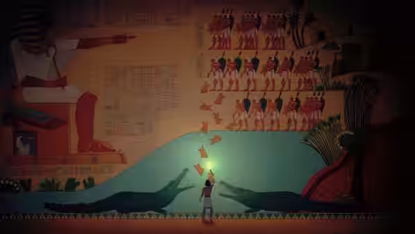 Woman standing before a mural of pharaoh and crocodiles