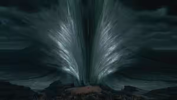 Towering walls of water rising from the parted sea