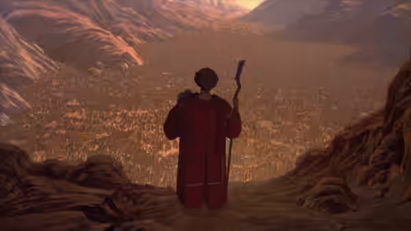 Robe-clad figure overlooking a sprawling settlement at dusk