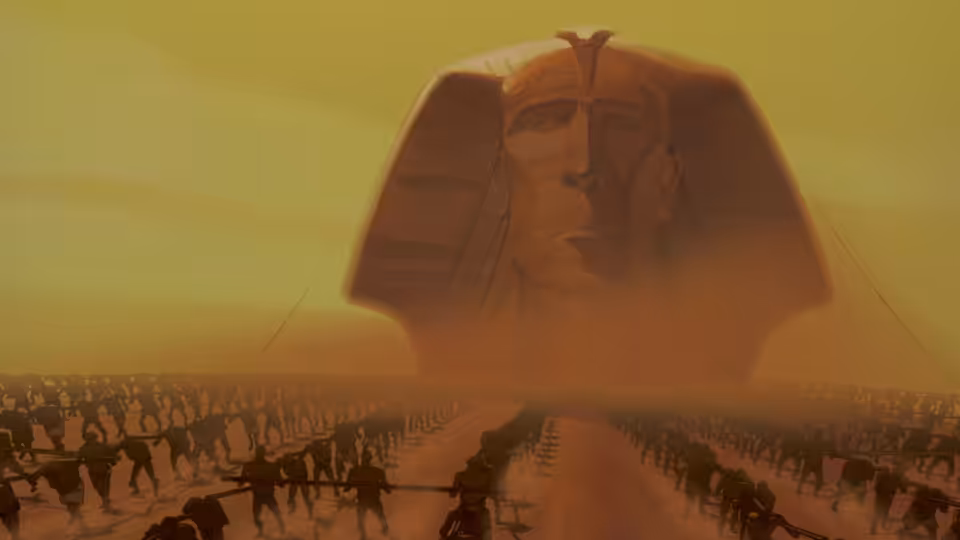 Workers hauling a colossal stone pharaoh head through the desert