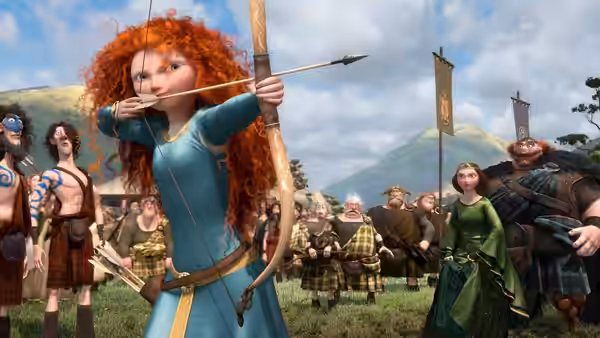 Merida draws her bow at an archery contest before the assembled clan leaders