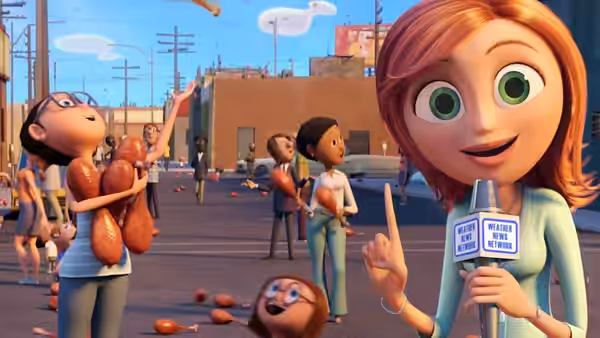 Sam Sparks reports on falling hot dogs as townspeople gather in the street