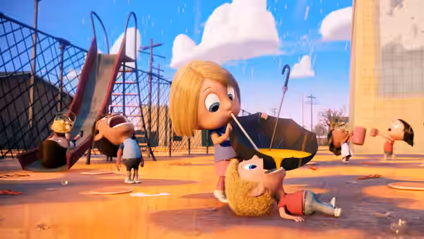 A girl shelters a child beneath an umbrella as food rains over the playground