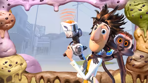 Flint Lockwood holds a device as Steve clings to his shoulder amid towering walls of food