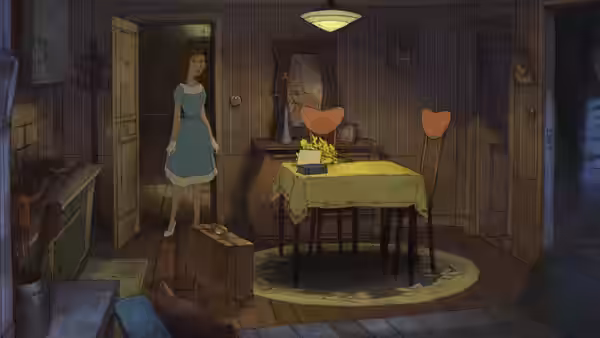 A girl in a blue dress stands in the doorway of a wooden room