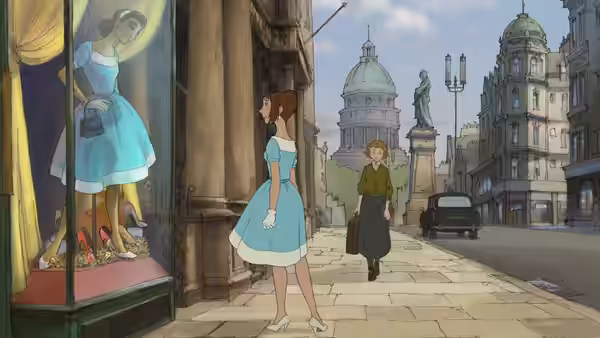 A woman in a blue dress stands on a city sidewalk near a shop