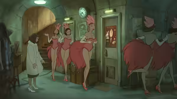Dancers in pink costumes gather in a green backstage corridor