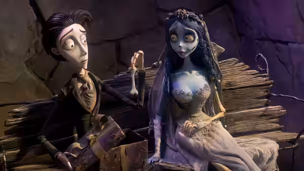 Victor Van Dort and the Corpse Bride sitting on wooden planks