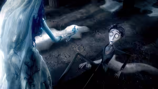 The Corpse Bride standing over Victor Van Dort on the forest floor