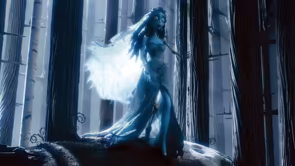 The Corpse Bride in her wedding dress standing among tall trees