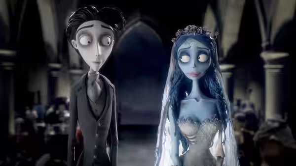 Victor Van Dort standing next to the Corpse Bride in a large hall