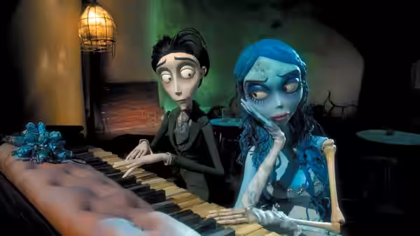 Victor Van Dort playing piano beside the Corpse Bride in a bar