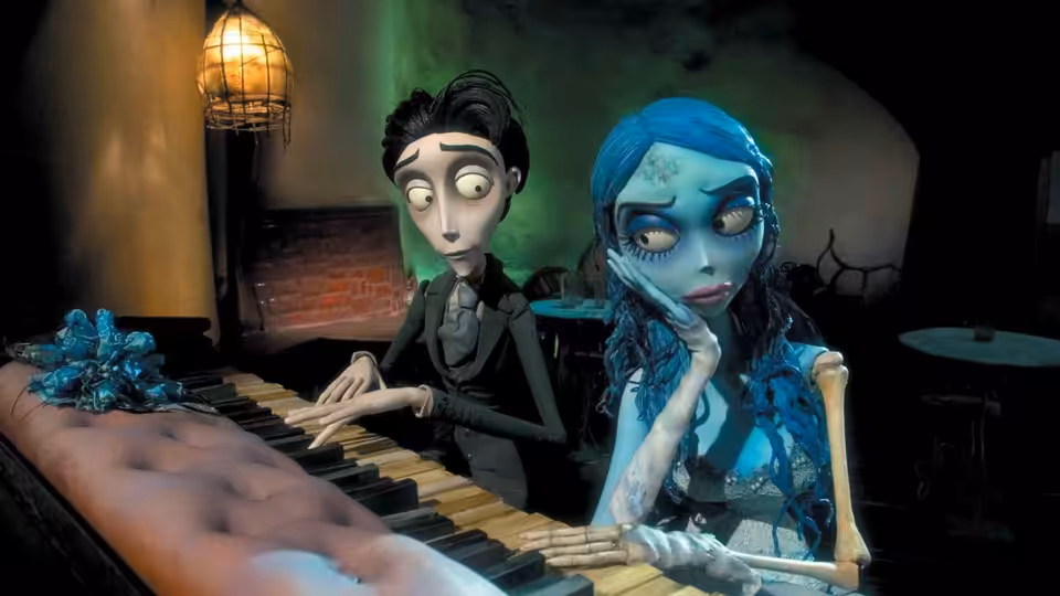 Victor Van Dort playing piano beside the Corpse Bride in a bar