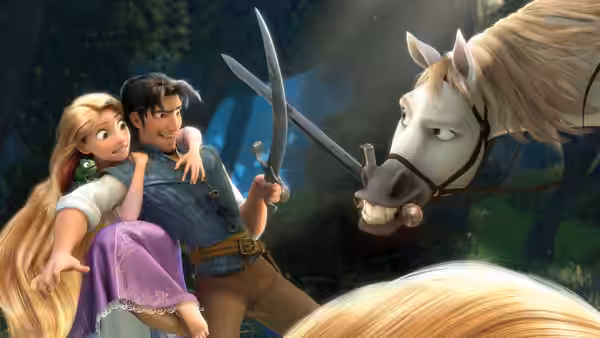 Rapunzel (Mandy Moore) and Flynn Rider (Zachary Levi) facing a white horse