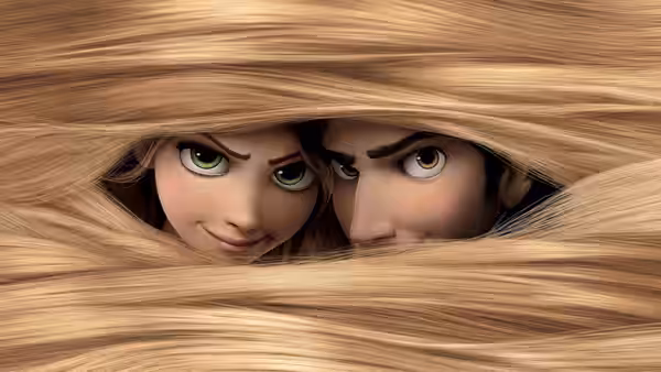 Rapunzel (Mandy Moore) and Flynn Rider (Zachary Levi) peering from under blonde hair