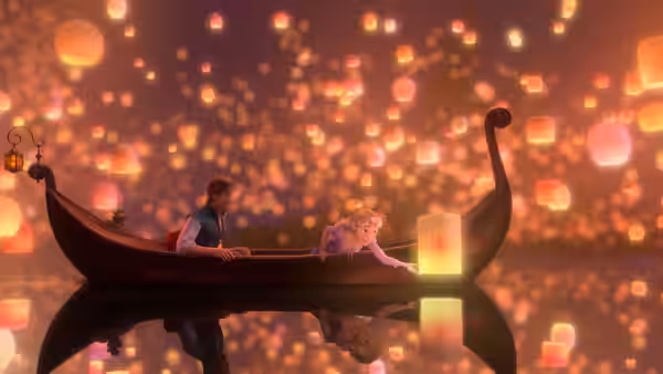 Rapunzel (Mandy Moore) and Flynn Rider (Zachary Levi) in a lantern-lit boat