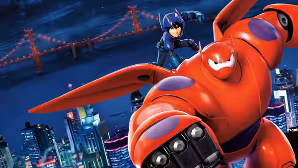 Hiro Hamada (Ryan Potter) riding on Baymax above the city at night