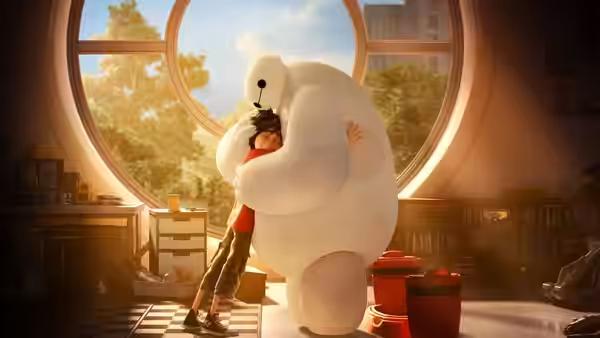 Hiro Hamada (Ryan Potter) embracing Baymax near a large circular window