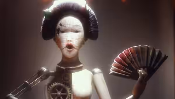 A female puppet with a cracked face holding an open fan