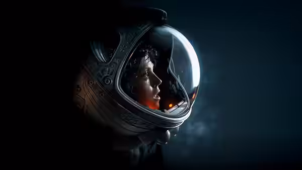 Ripley (Sigourney Weaver) in a spacesuit helmet looking to the side