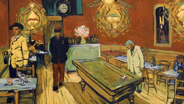 Three men stand and lean near a billiard table inside a cafe