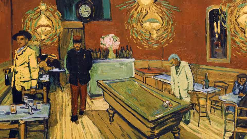 Three men stand and lean near a billiard table inside a cafe
