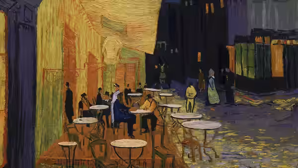 Patrons sit at outdoor tables on a cafe terrace at night