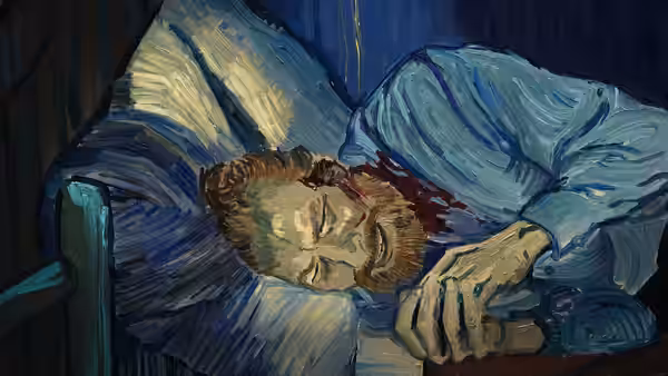 An injured man lies in bed with a bloodied neck and blue shirt