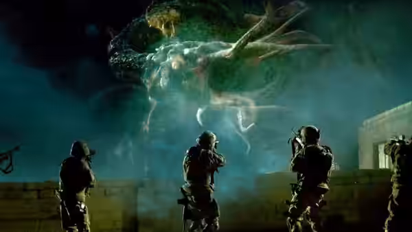 Soldiers aiming weapons at a large creature floating in the night sky