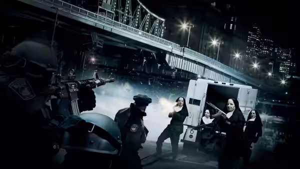 police officers aiming weapons at armed women beside a van under a bridge