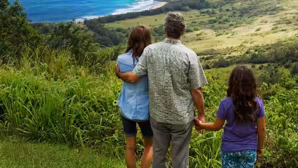 Matt King (George Clooney) with Alexandra King and Scottie King overlooking a green valley