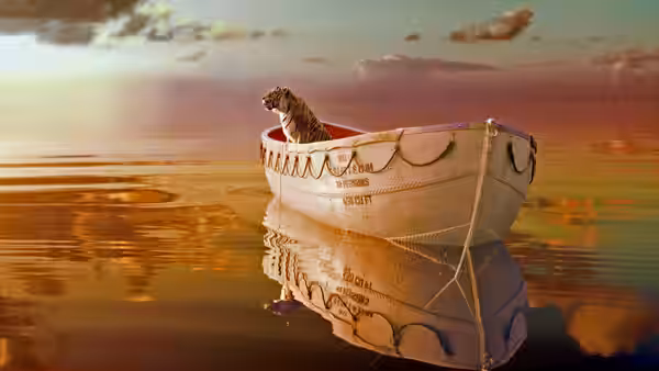 Tiger rests inside lifeboat drifting on calm reflective water at dusk