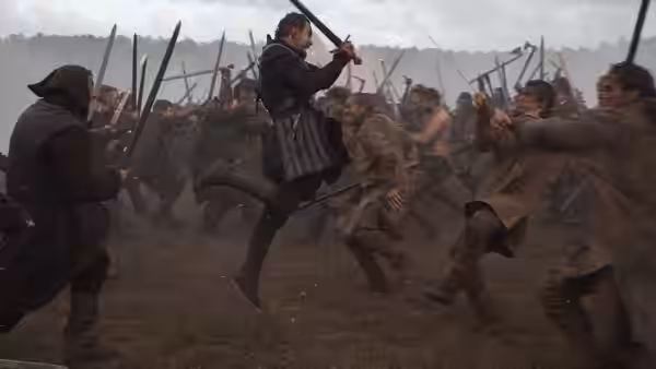 Armoured warriors clashing with swords during a battle in an open field