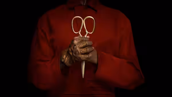 Hands clad in red sleeves and gloves holding golden scissors against black