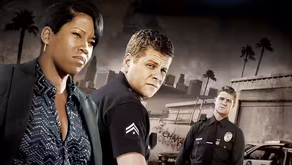 Three law enforcement officers posing in front of a cityscape with palm trees