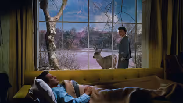 Cary Scott lies in bed as Ron Kirby stands beside the window