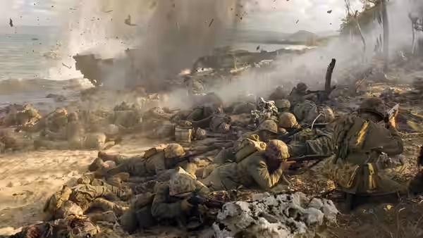Soldiers firing rifles while taking cover on a beach amid explosions