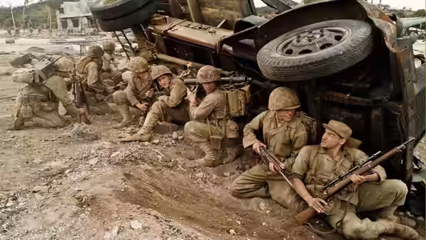 Soldiers kneeling with rifles beside an overturned truck on dirt ground