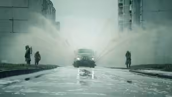 firefighters in gear spraying water at a truck on a wet road