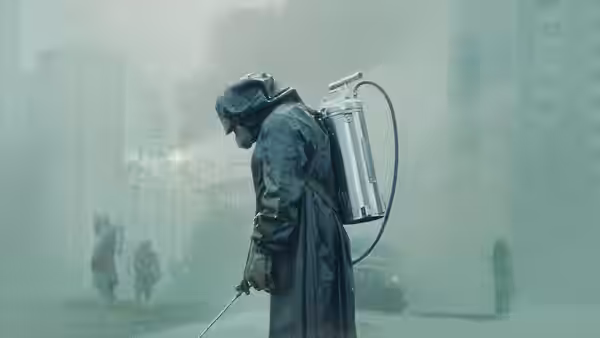 a person in protective suit and respirator walking through a foggy street