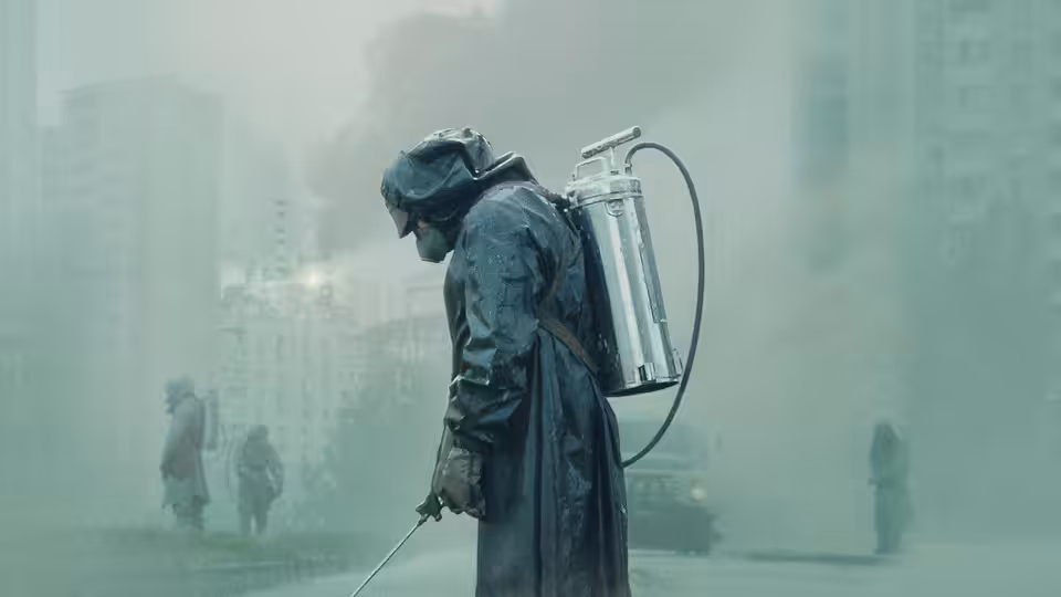 a person in protective suit and respirator walking through a foggy street