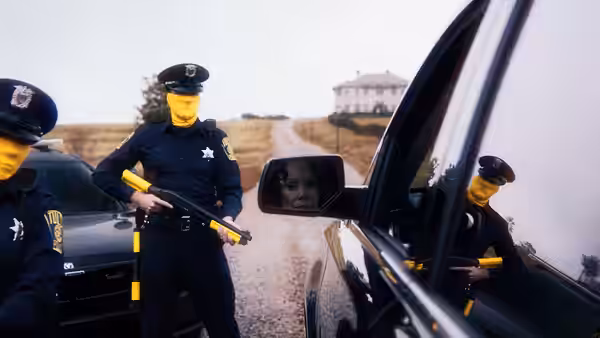 Yellow-masked police officers with rifles beside a car on a rural road