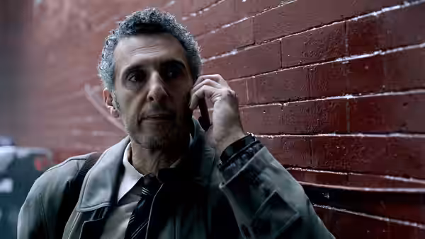 John Stone (John Turturro) talks on a cell phone against a brick wall